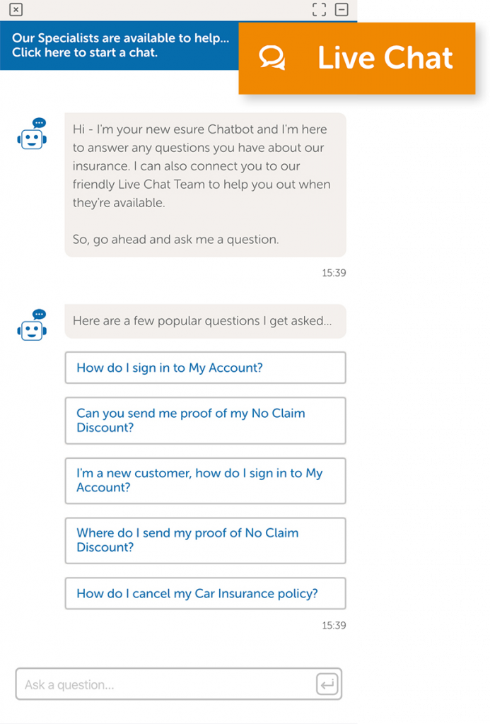 An example of a chat bot widget with Live chat offering