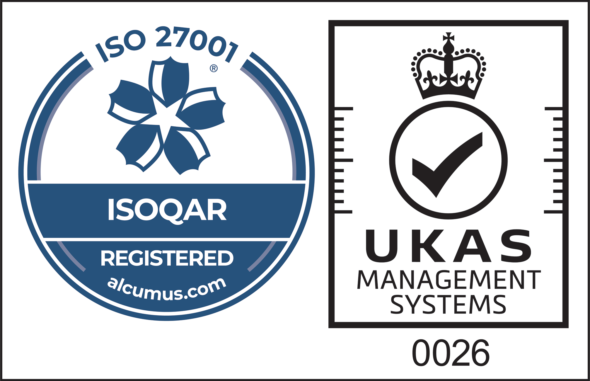 Logos to show that Synthetix is accredited with the ISO27001 and UKAS Management System bodys